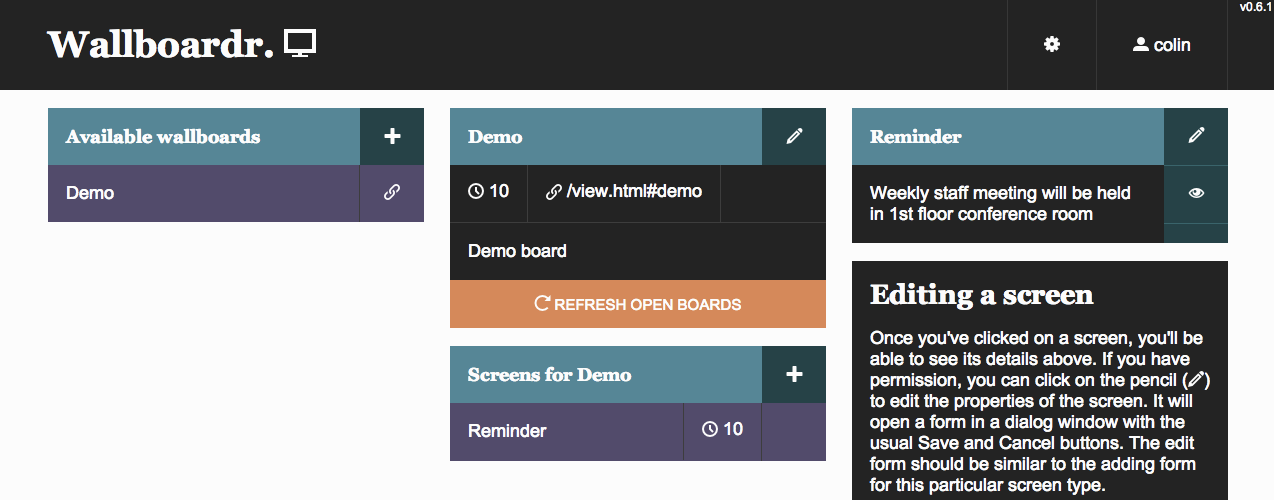 Admin Screen view Showing the editing of screens